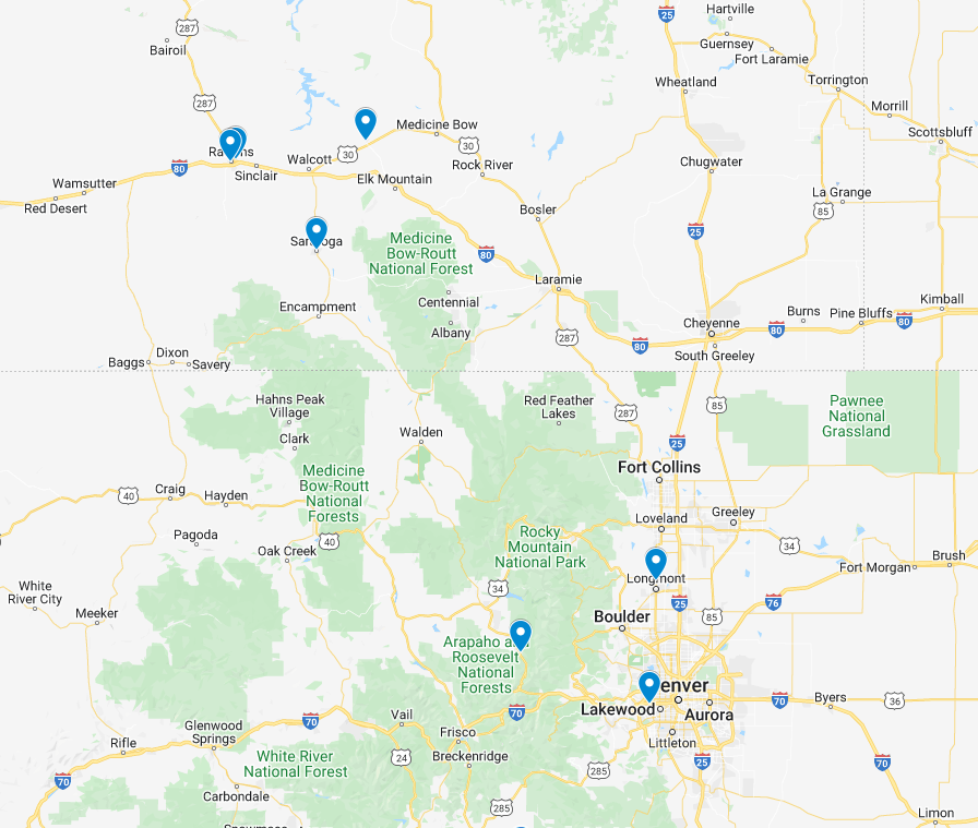 locations map RNB/Front Range State Bank locations on Wyoming/Colorado map